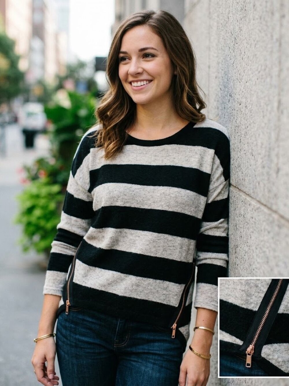Striped Jumper with Side Zippers & 3/4 Sleeves | Size M
